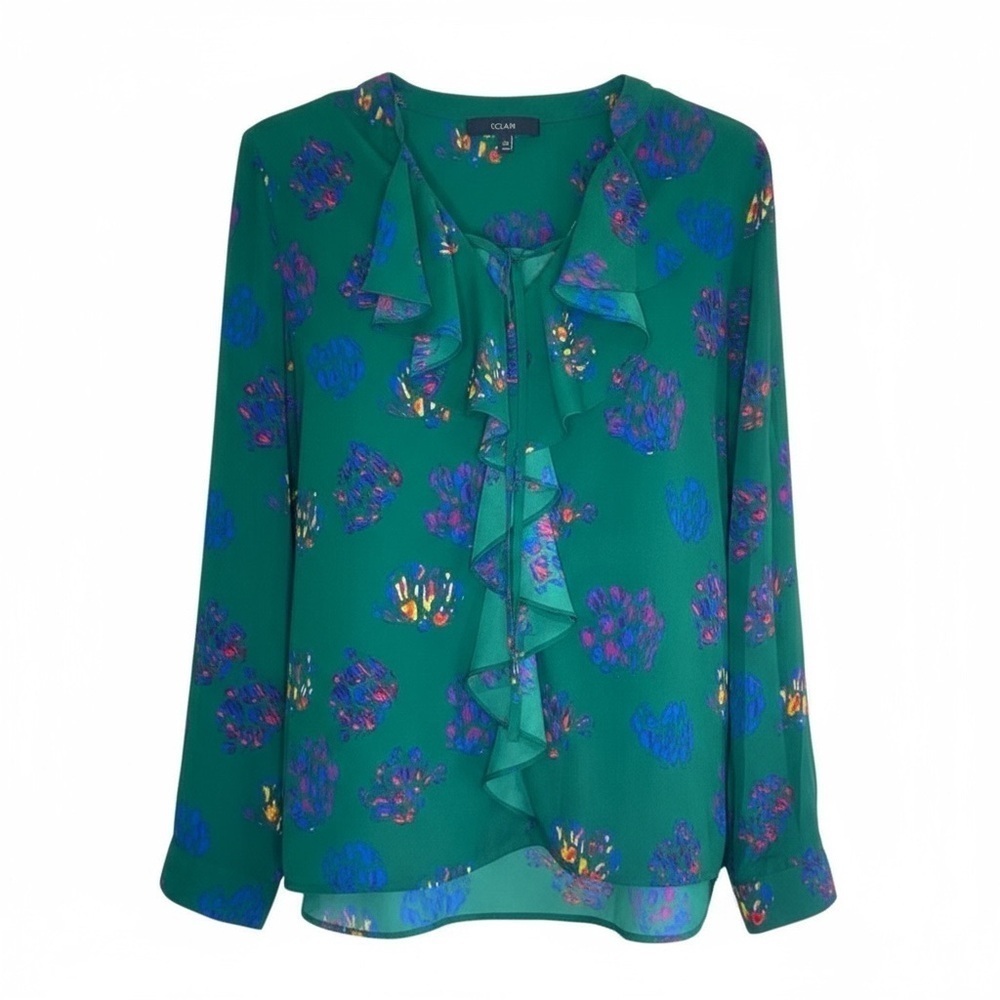 Eclair Green Abstract Print Ruffle Front Blouse | Size L - Picture 2 of 10